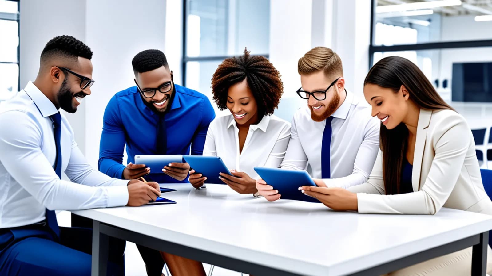 Business and IT leaders reviewing an abstract technology procurement dashboard
