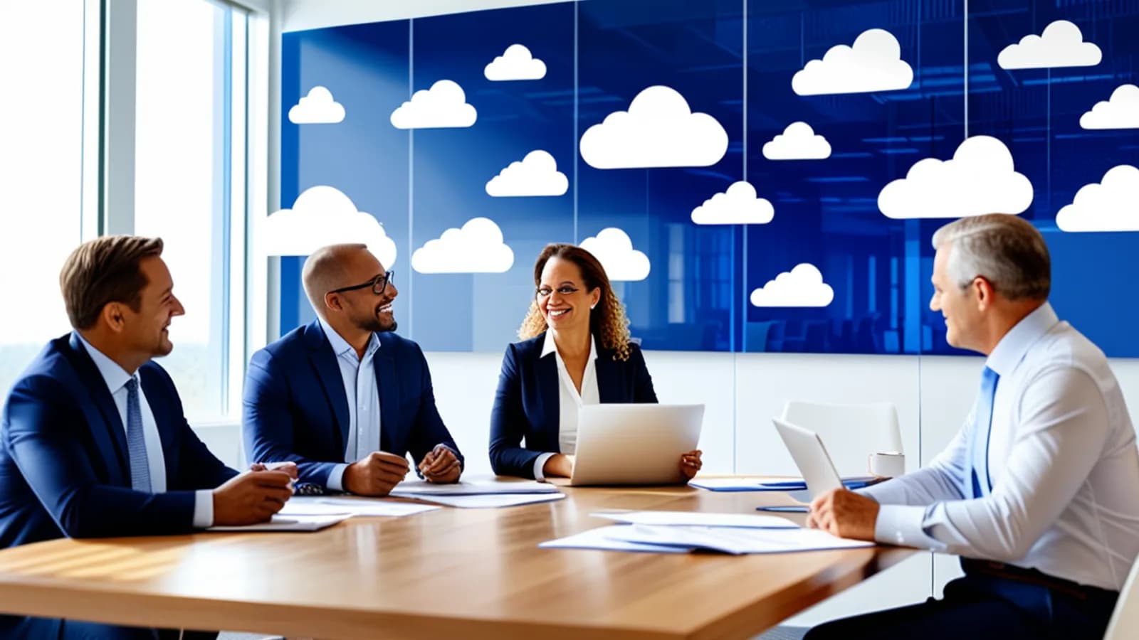 Executives and engineers reviewing an unlabeled cloud infrastructure dashboard in a modern meeting room.