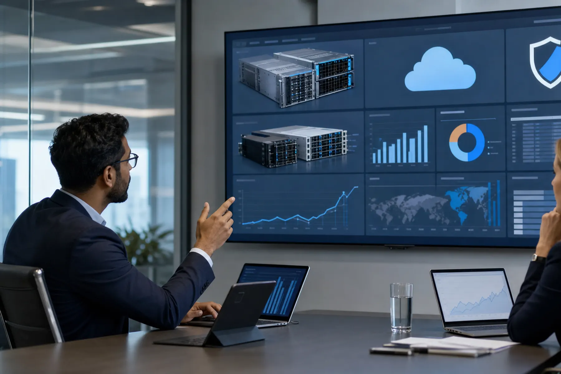 Business and IT leaders reviewing an abstract technology procurement dashboard