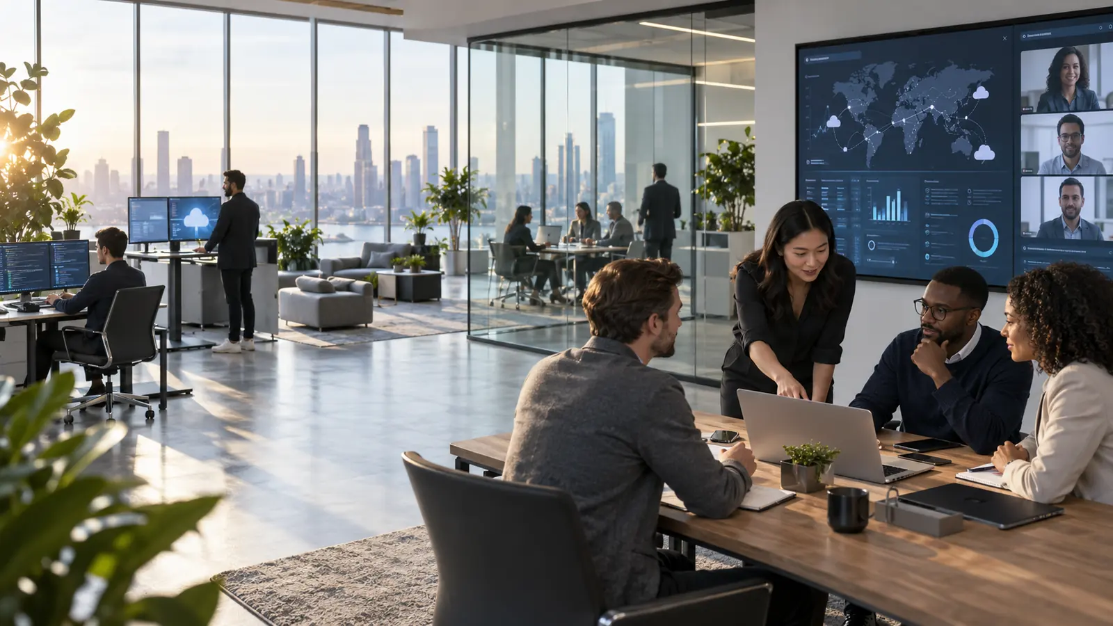 A team in discussion around a table in a bright office.
