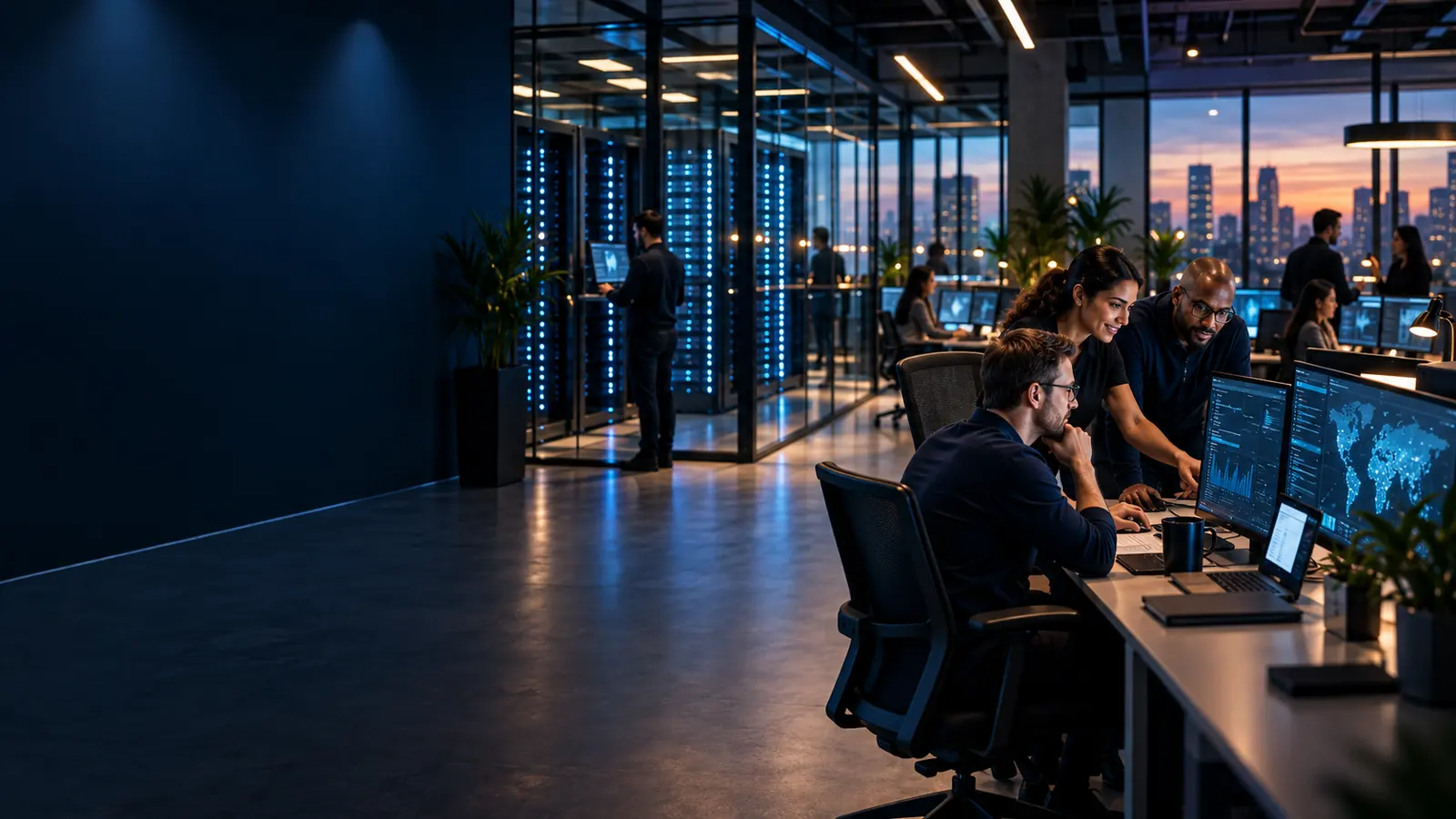 Technology operators working beside a glass-walled server room.