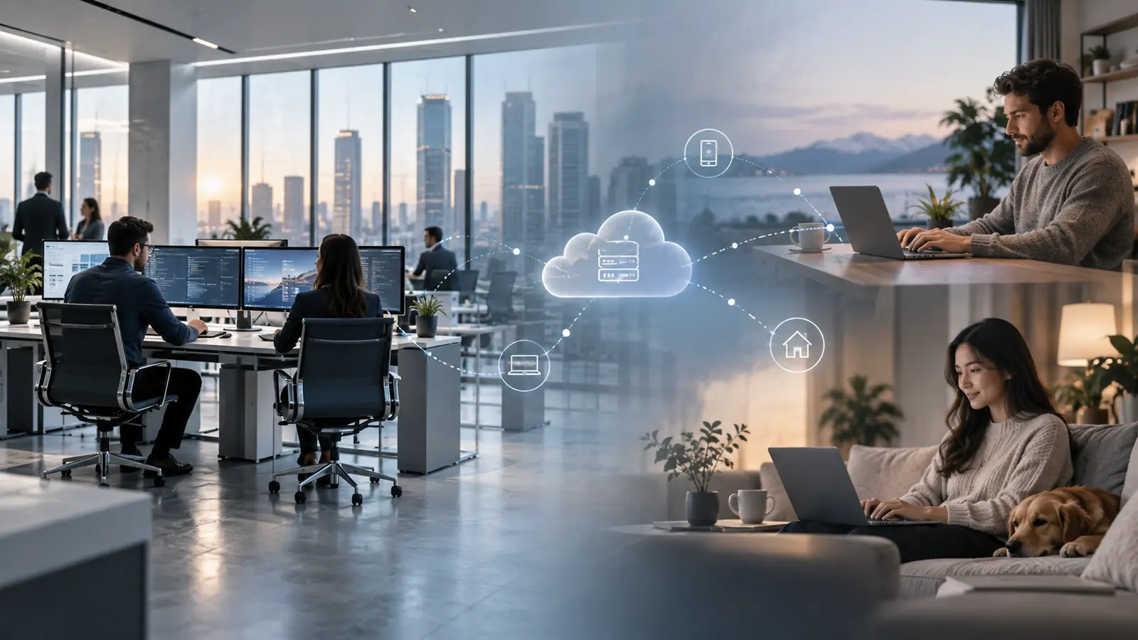 People working in an office and home setting with connected devices.