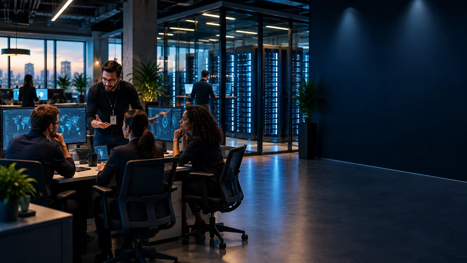 Technology colleagues discussing work at computer screens.