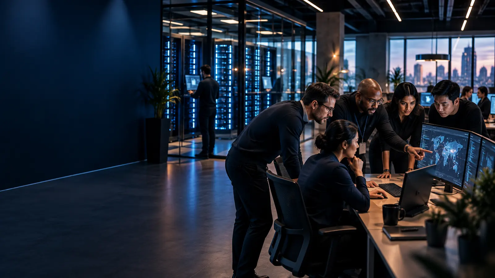 Technology colleagues collaborating at a workstation.