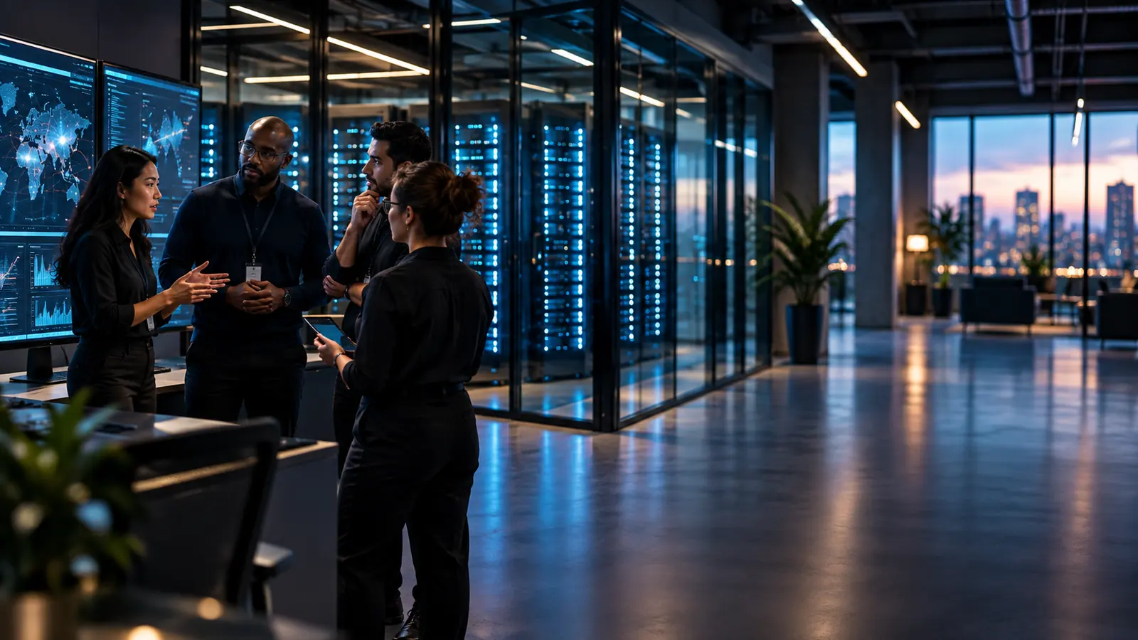 Technology colleagues discussing work beside server racks.