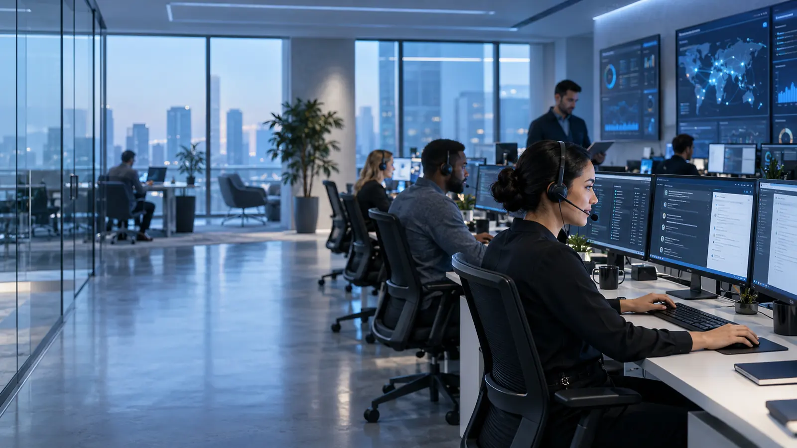 An operator working at screens in a bright technology office.