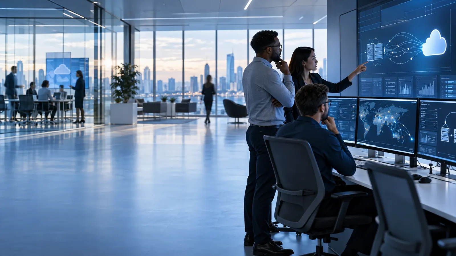 Engineers looking at a cloud architecture display.