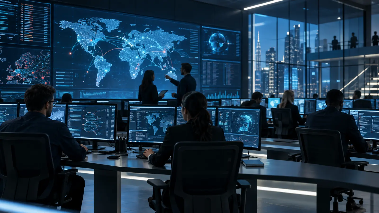 A technology operations room with a large network map display.