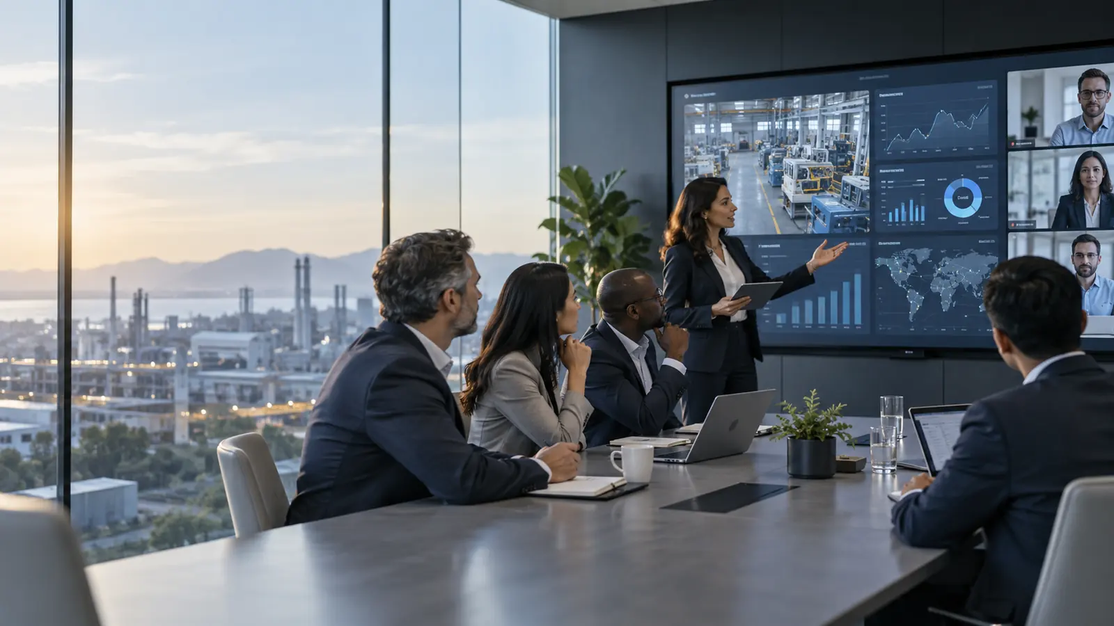 A team reviewing a presentation in a meeting room.