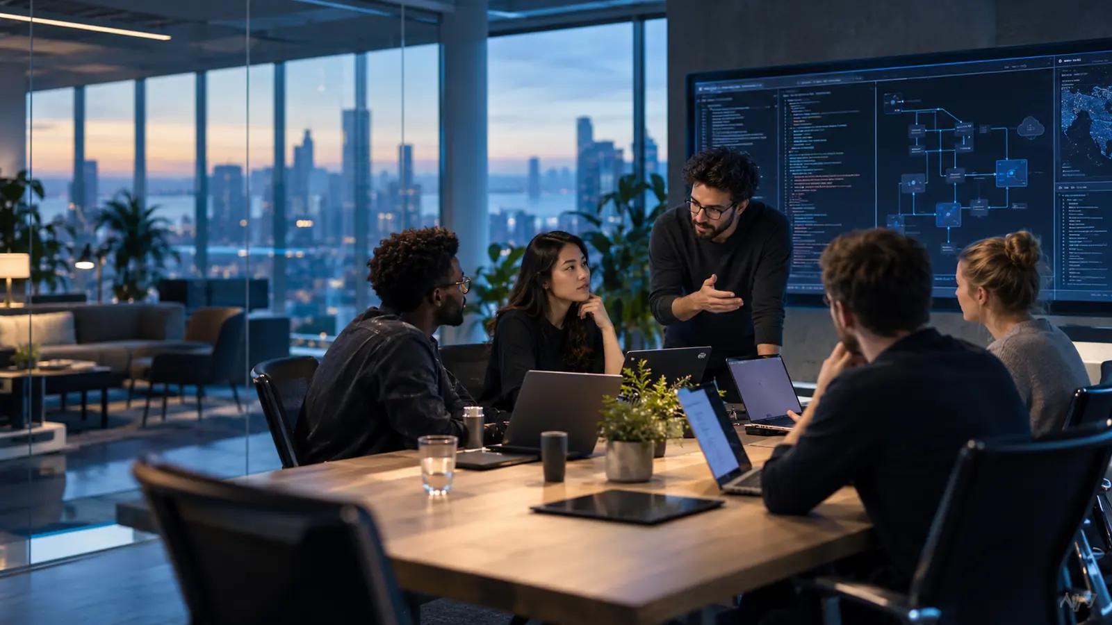 A software team reviewing work together at a table.