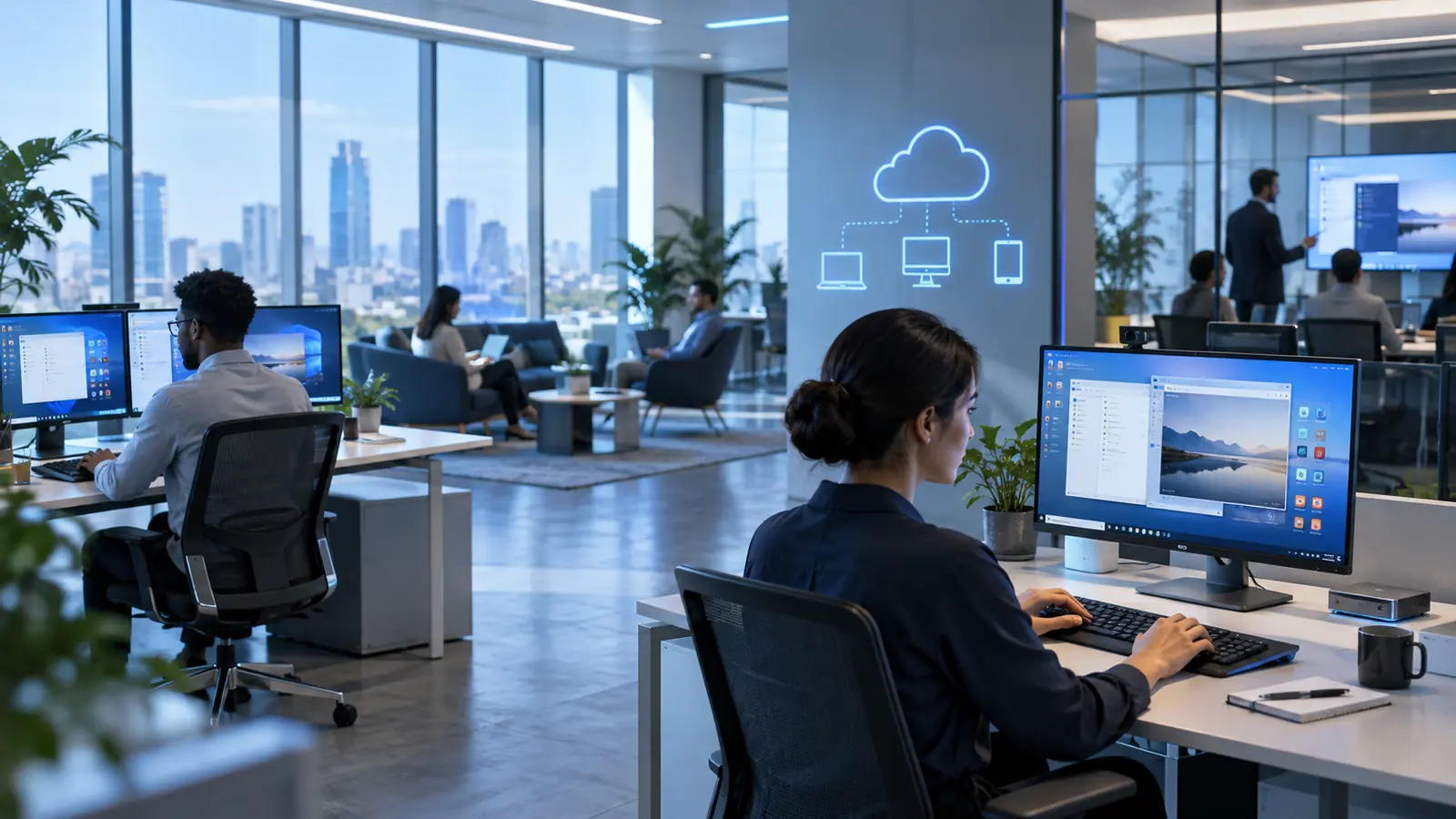 A bright cloud infrastructure workspace with people at computers.