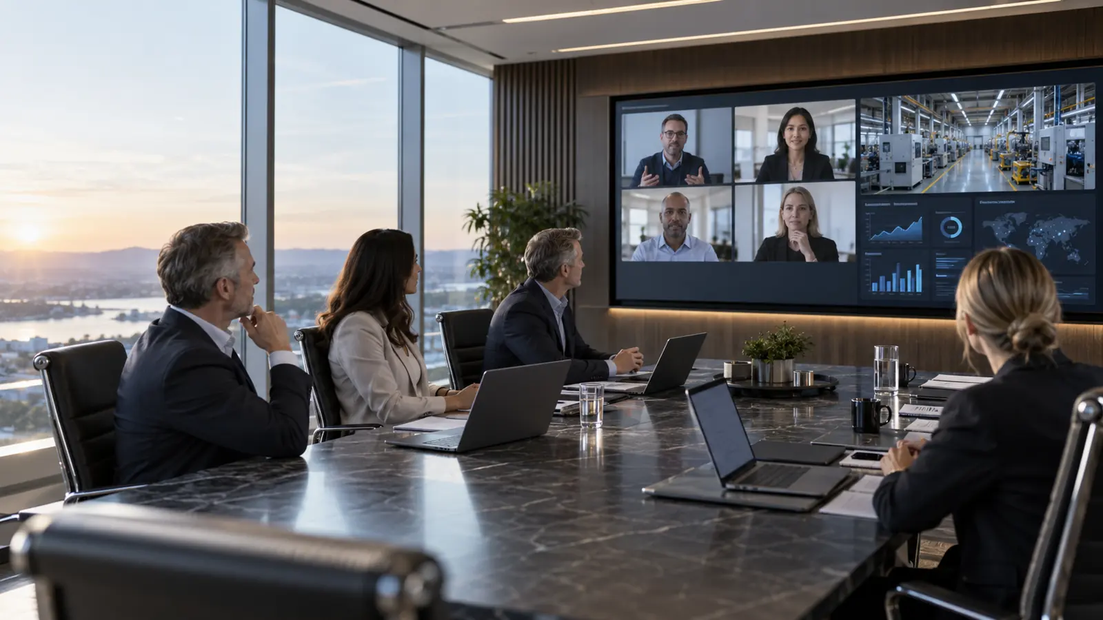 A team joining a video meeting from a conference room.