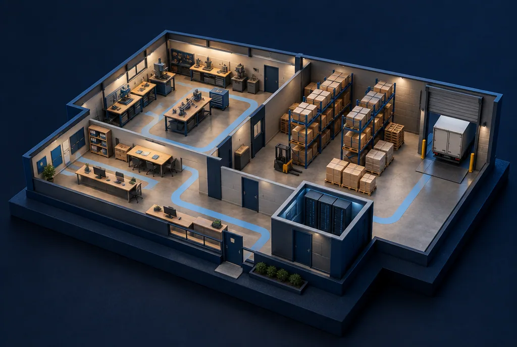 Conceptual cutaway of an office, workshop, warehouse and equipment room joined by one operational path.