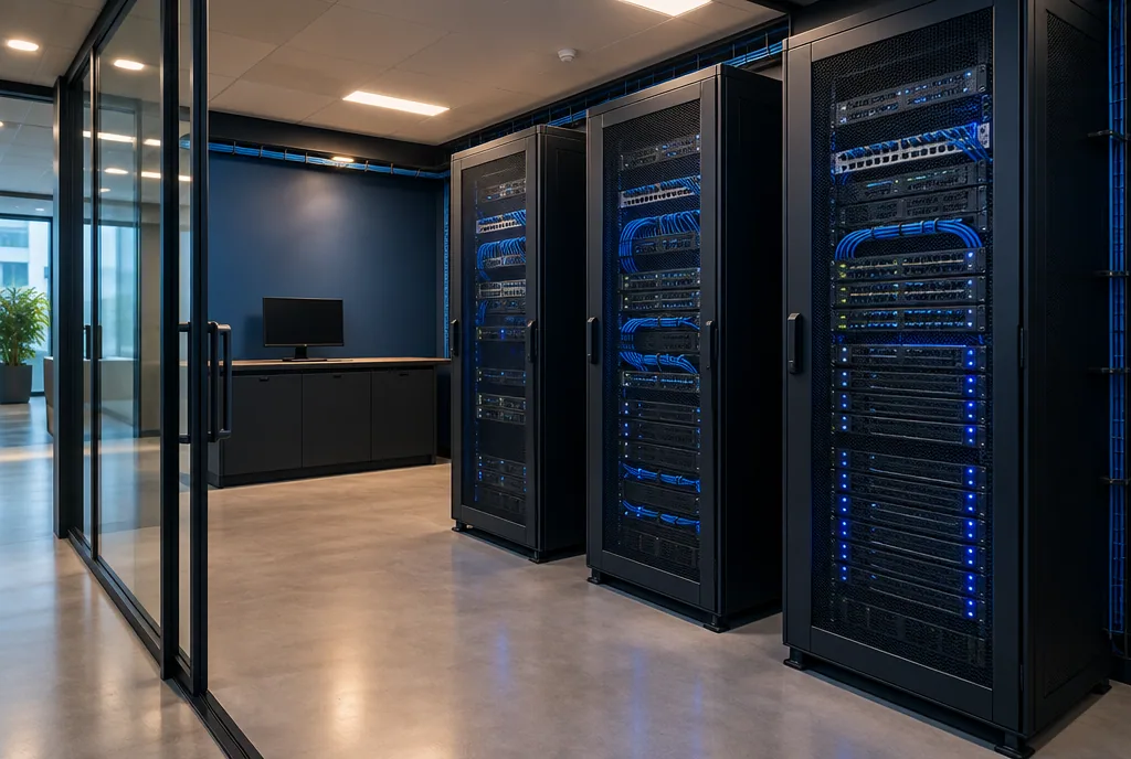 An illustrative equipment room with enclosed server racks and organized cabling.