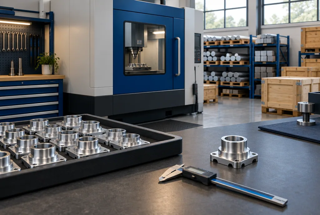 Precision components and measuring tools beside a CNC machine and organized materials.