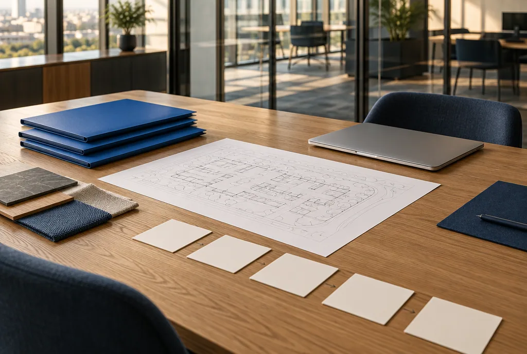 Project plans, material samples and working documents arranged for professional service delivery.