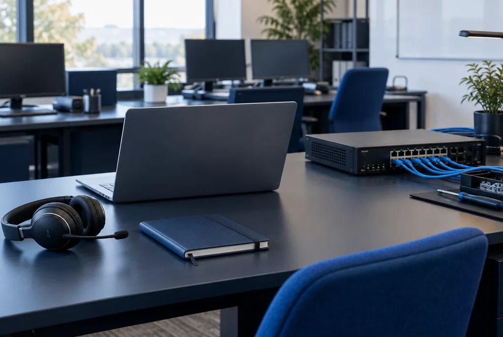 A service desk with a headset, notebook and network equipment for coordinated IT support.