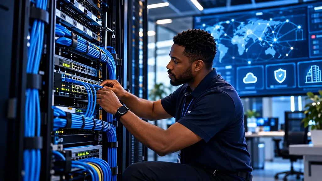 Illustration of a technician organizing connections in a network rack.