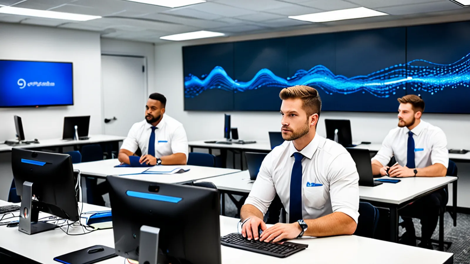 Instructor guiding students through technical lab exercises on laptops