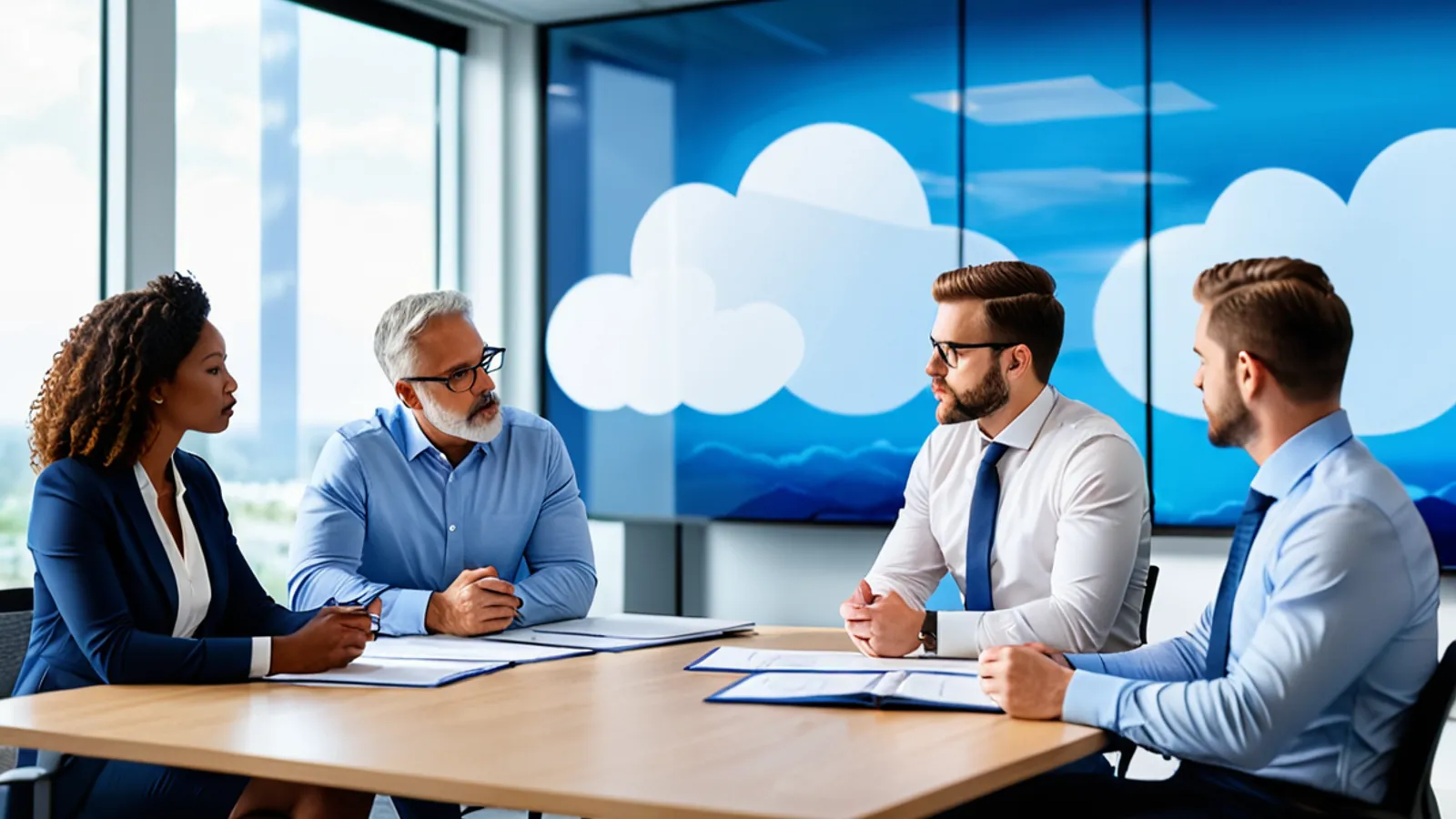 Diverse technology team planning cloud infrastructure in a modern conference room