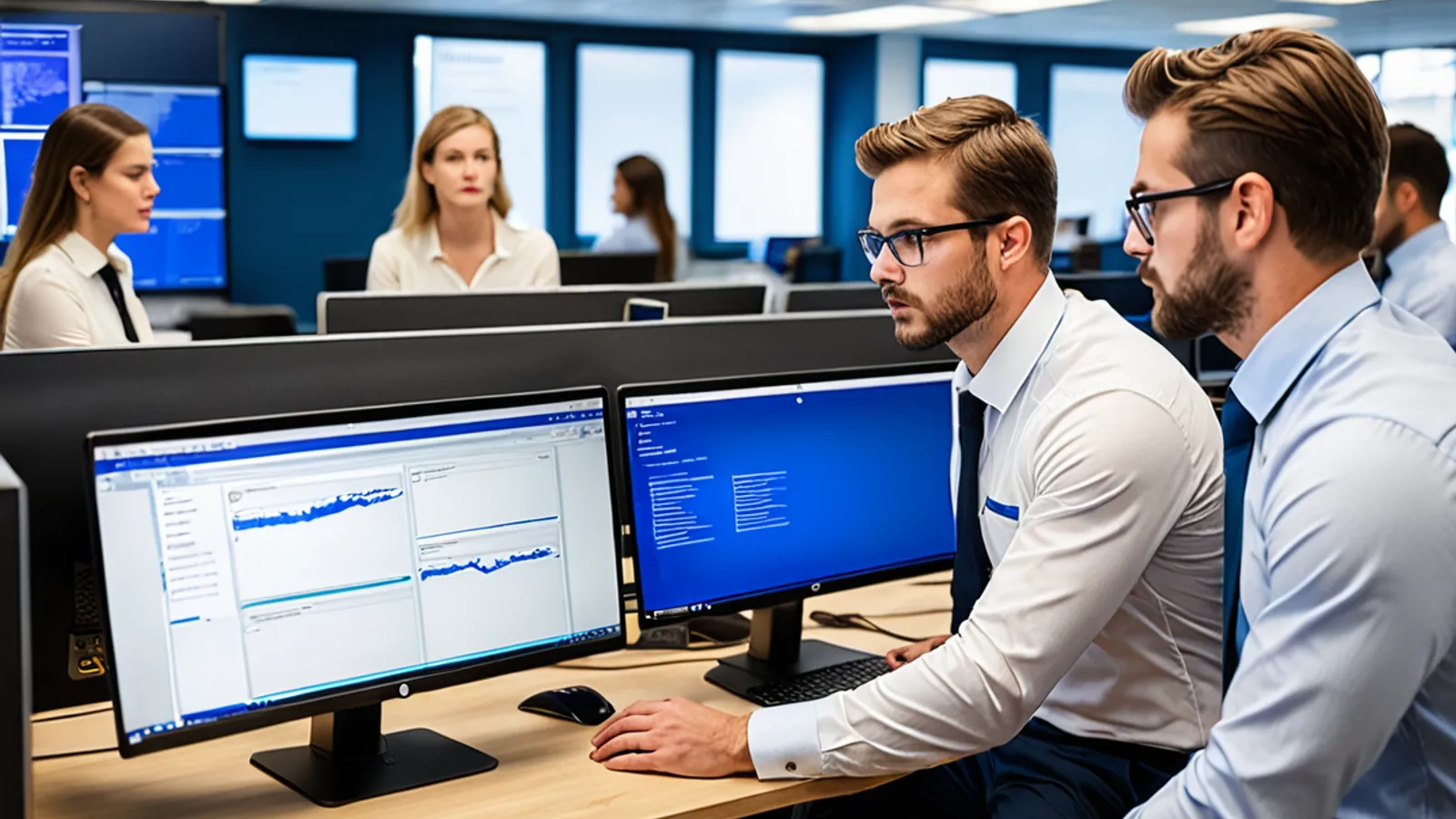 A student and mentor working with an unlabeled virtual lab topology visualization.