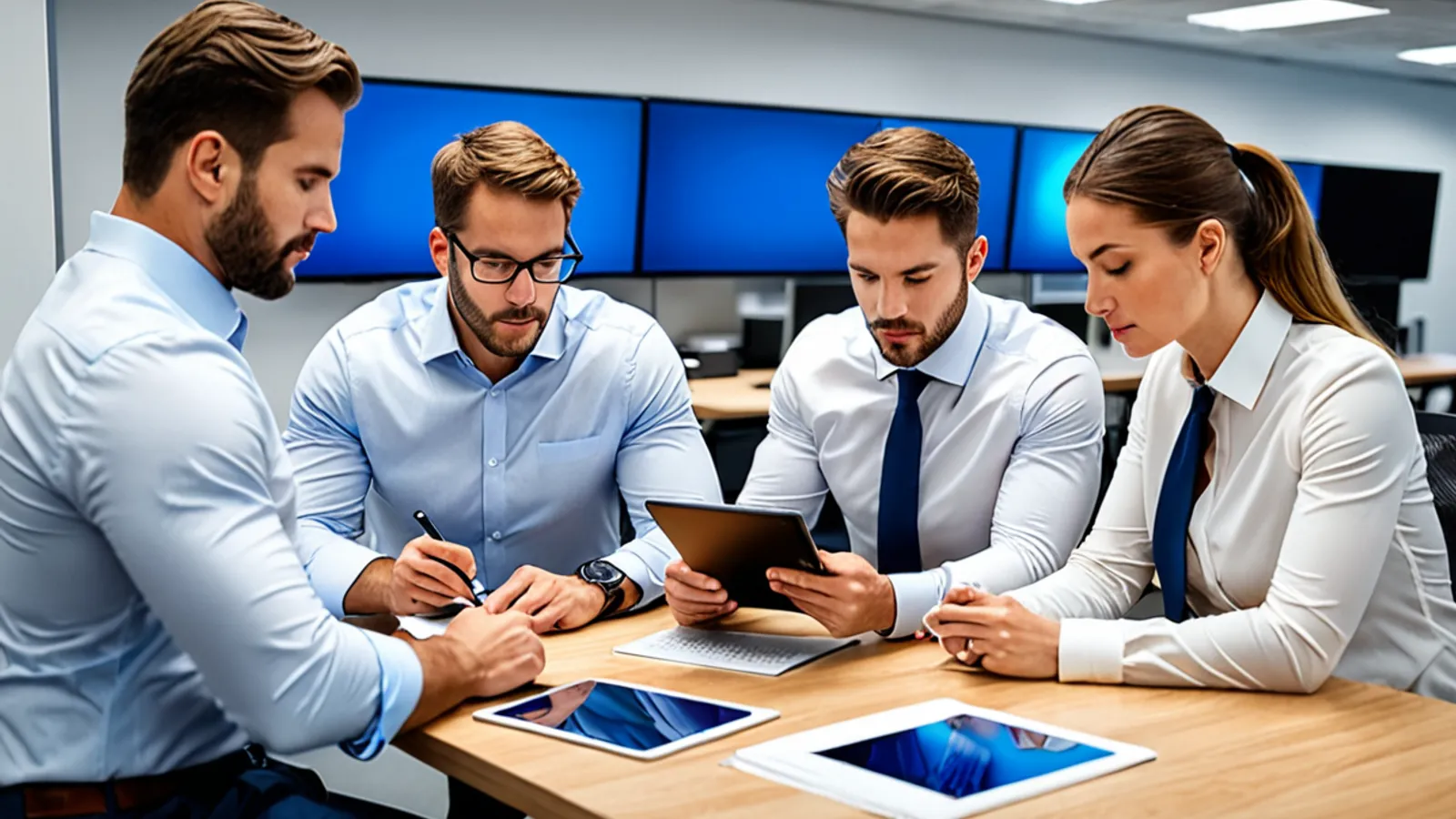 Business and IT leaders reviewing an abstract technology procurement dashboard