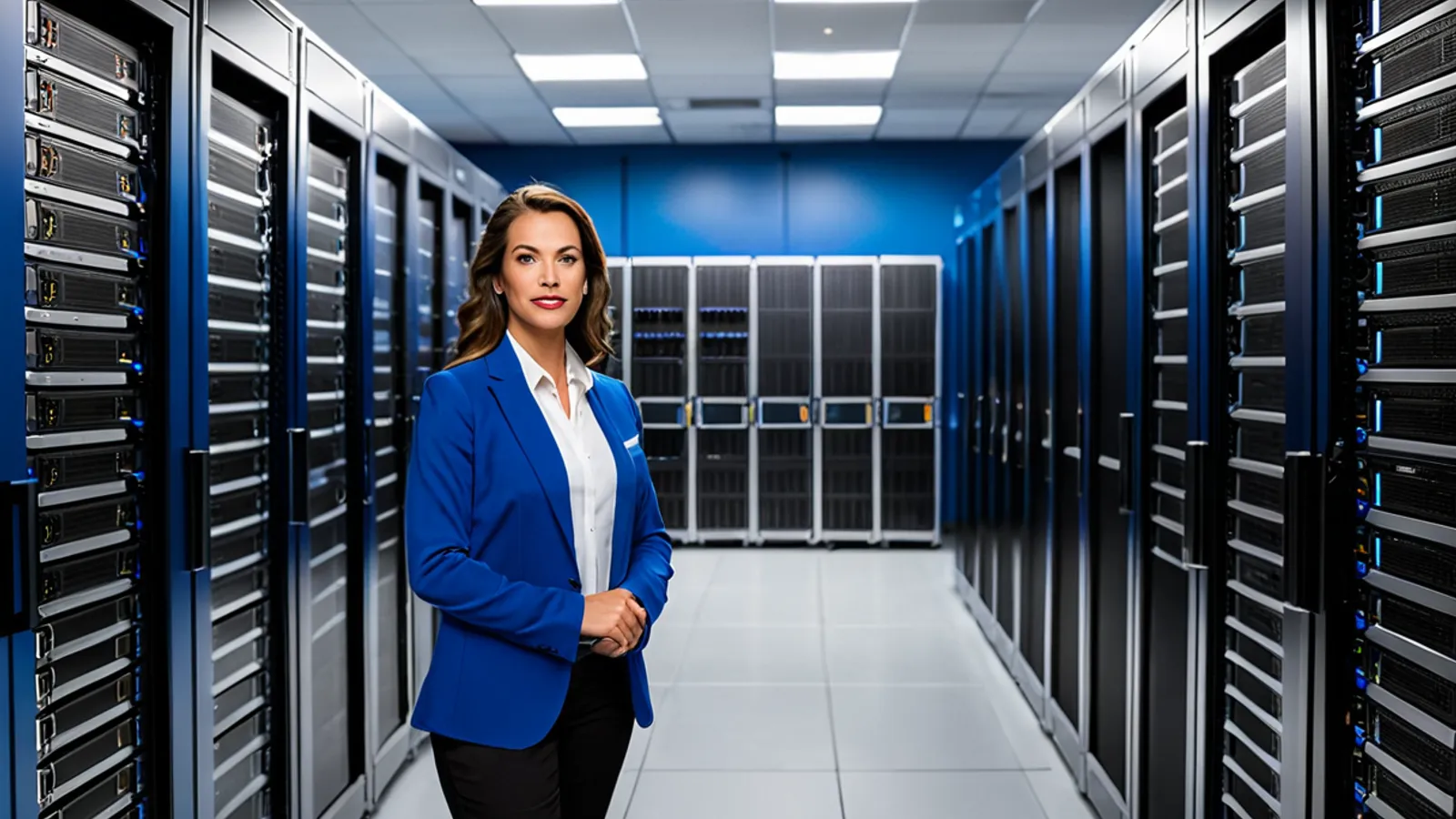 Infrastructure engineers reviewing dashboards in a modern datacenter aisle