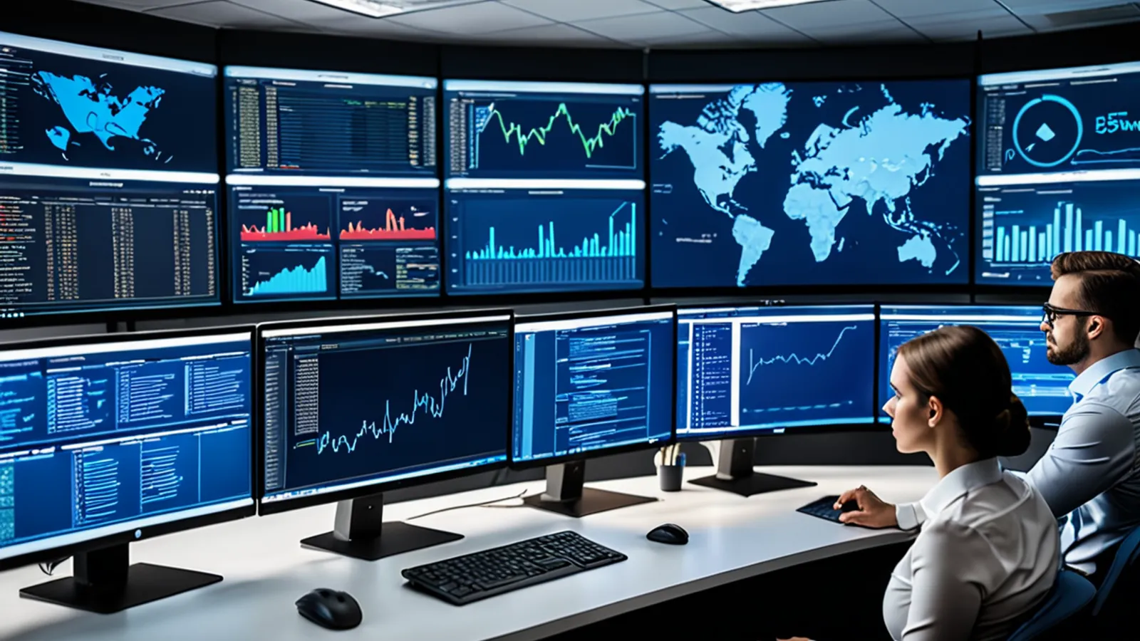 Cybersecurity analysts monitoring abstract security dashboards in a modern SOC