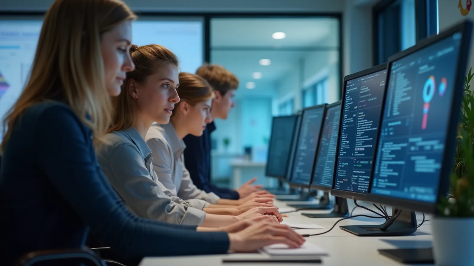 An operations team arranging abstract automation workflow blocks in a premium office.