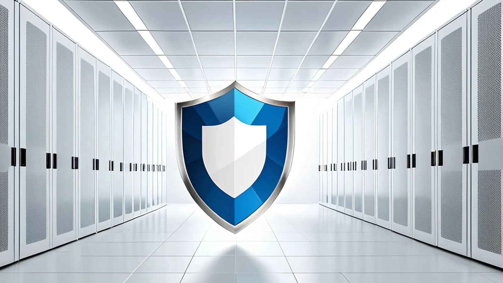 Abstract trust and compliance visual over a clean datacenter corridor.