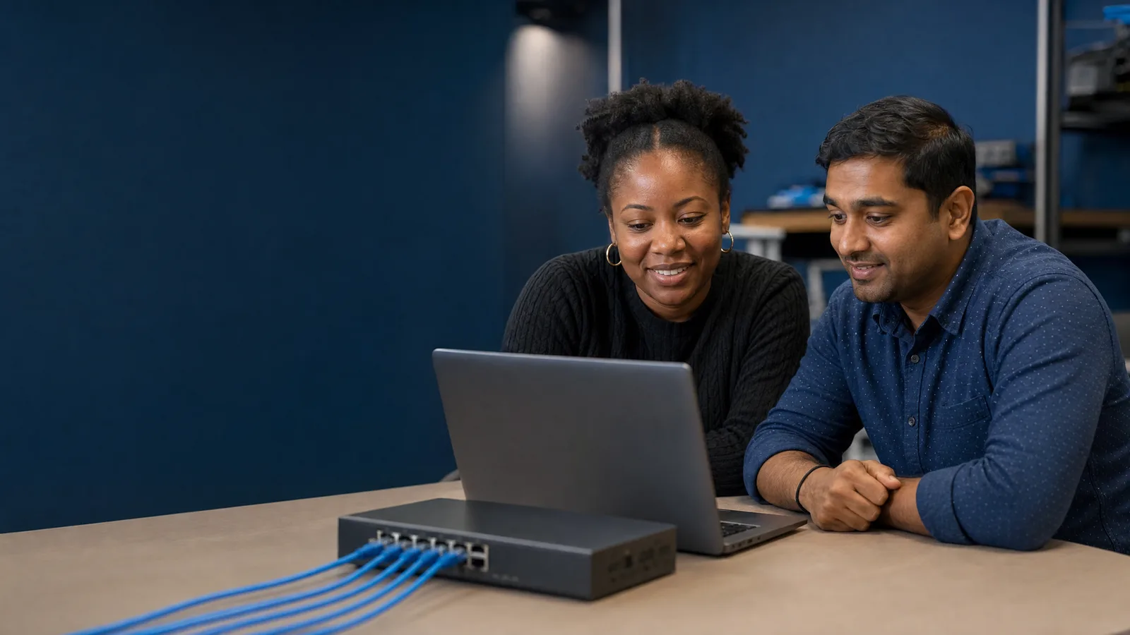 Illustration of two adults learning together at a technology workstation